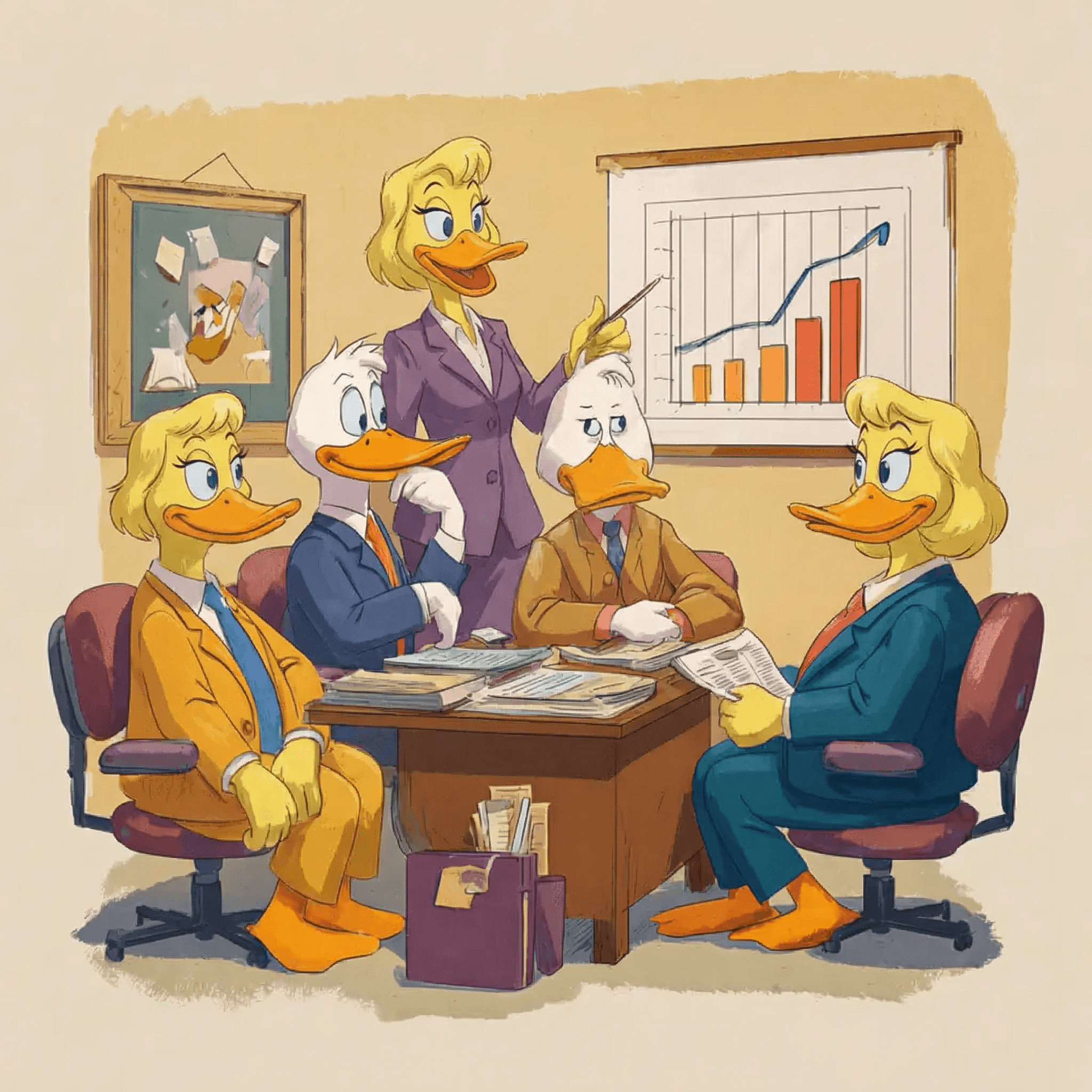 Diverse ducks in business suits reviewing data