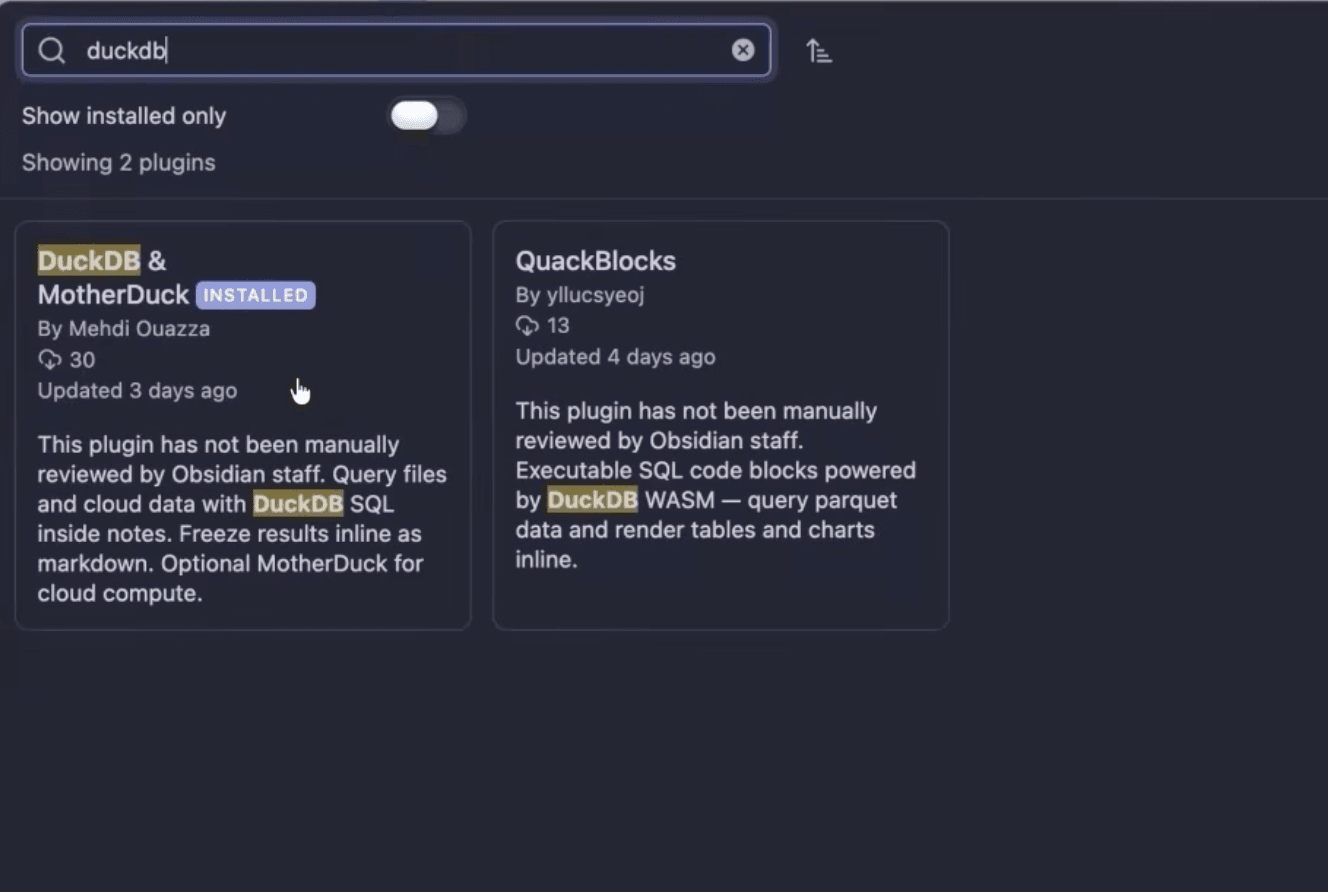 Searching for the DuckDB and MotherDuck plugin in the Obsidian community store